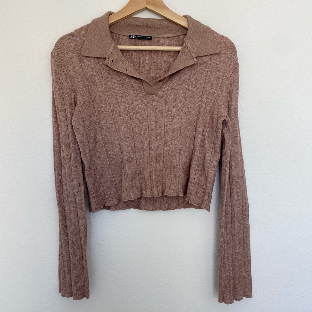 Zara Long Sleeve Collar Crop Top Shirt - Medium